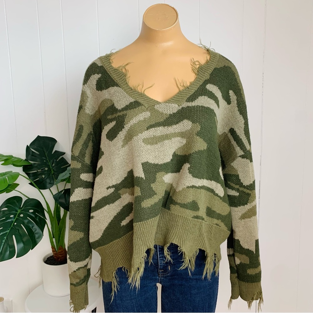 Fashion Nova Camouflage V-Neck Frayed Sweater